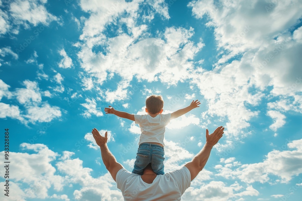 Happy father and son embracing and looking at each other on street, Generative AI Happy father and son embracing and looking at each other on street, Generative AI