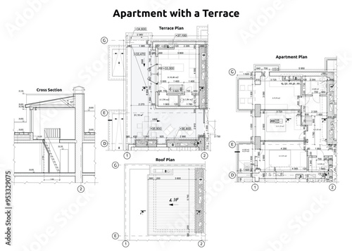 Detailed blueprint of an apartment with a terrace