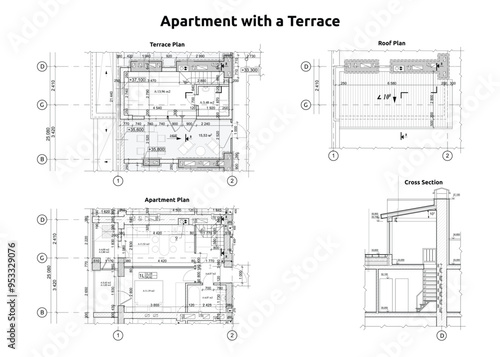 Detailed blueprint of an apartment with a terrace