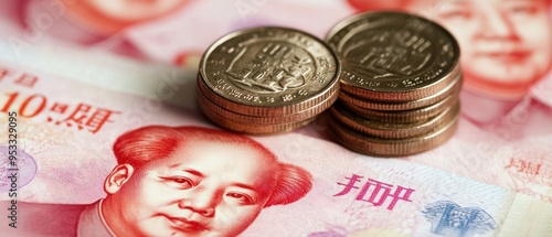 Chinese Yuan Coins on a Chinese Banknote photo