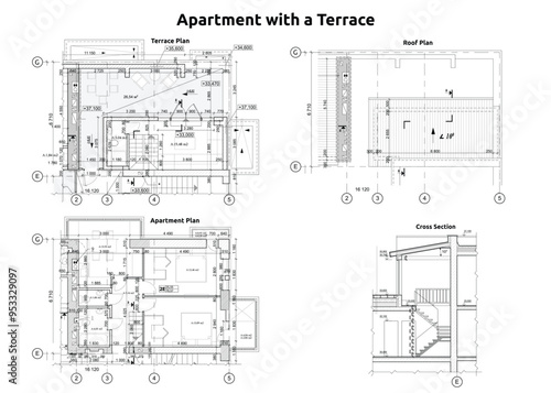 Detailed blueprint of an apartment with a terrace