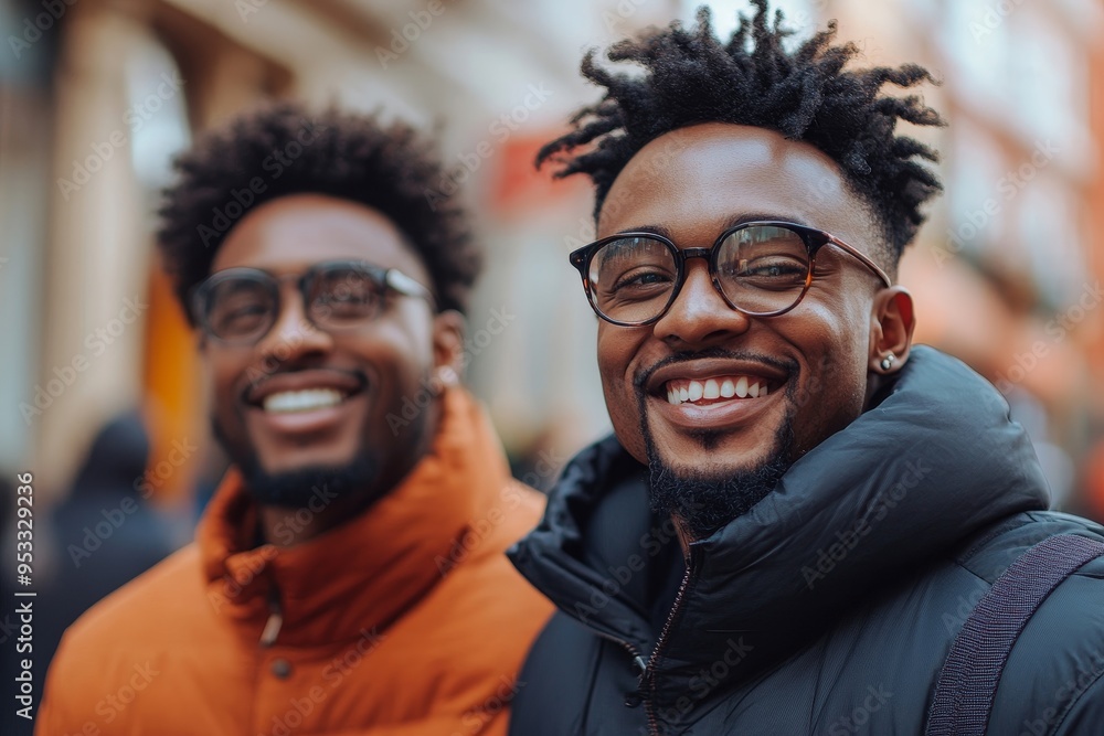two young and stylish African American men in the city smiling and talking. father and adult son relationship, Generative AI two young and stylish African American men in the city smiling and talking. father and adult son relationship, Generative AI