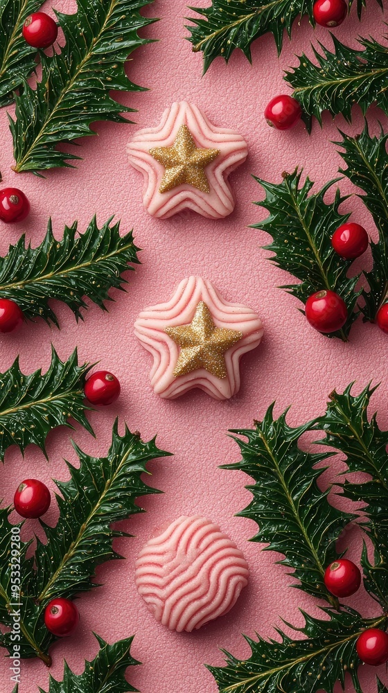 Pink and Gold Christmas Decorations with Holly Pink and Gold Christmas Decorations with Holly