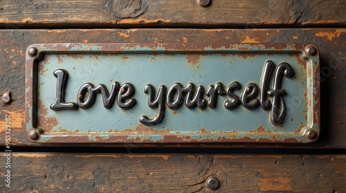 Love yourself message on rustic metal background for self-care inspiration photo