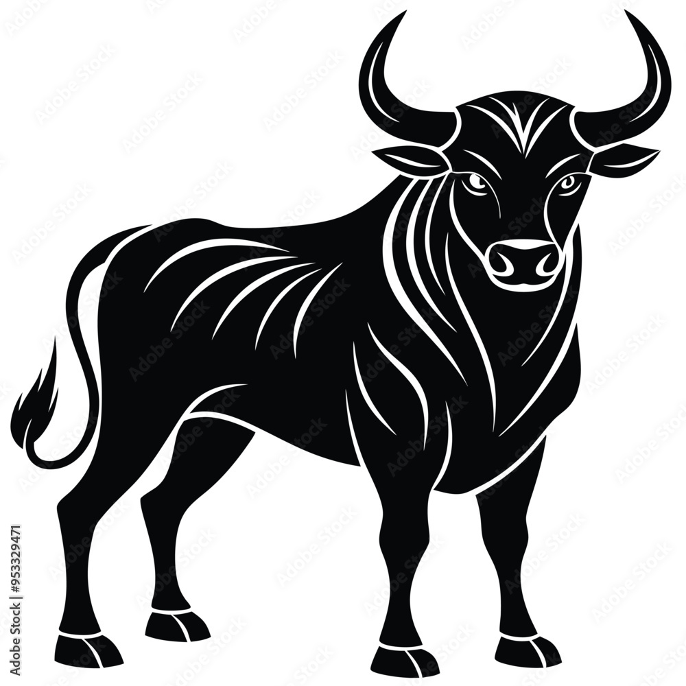 Black silhouette of a powerful bull with strong horns in aggressive minimalist side view Black silhouette of a powerful bull with strong horns in aggressive minimalist side view