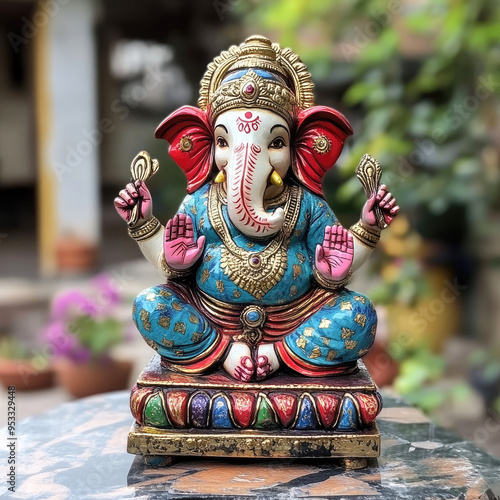 Lord ganesha sculpture on nature background. photo