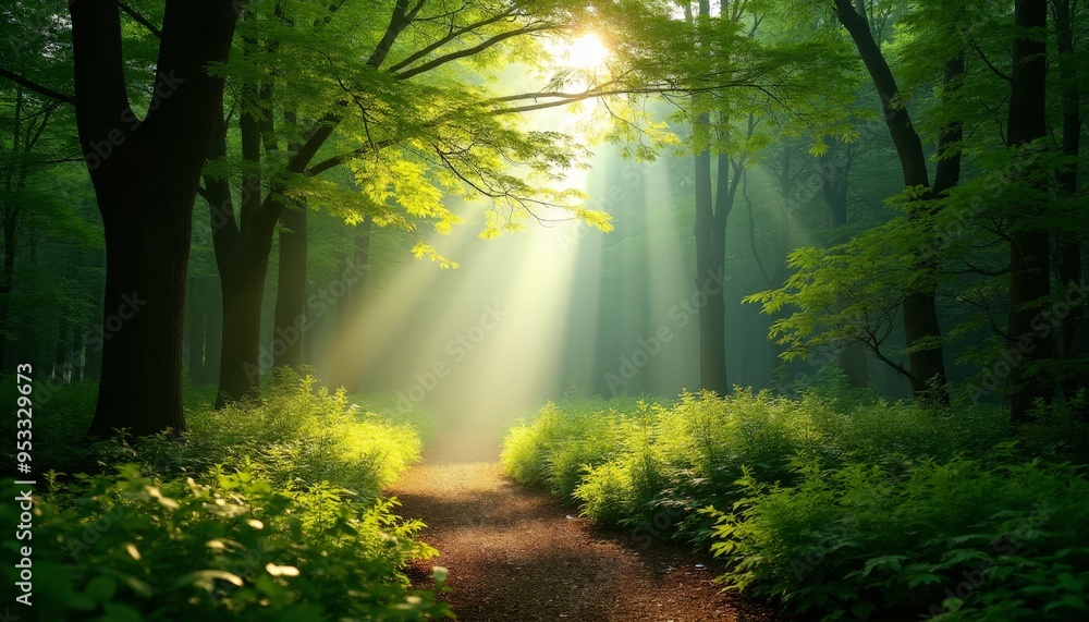 Obraz premium Sunlit Forest with Light Streaming Through Trees - Perfect for Nature and Landscape Photography