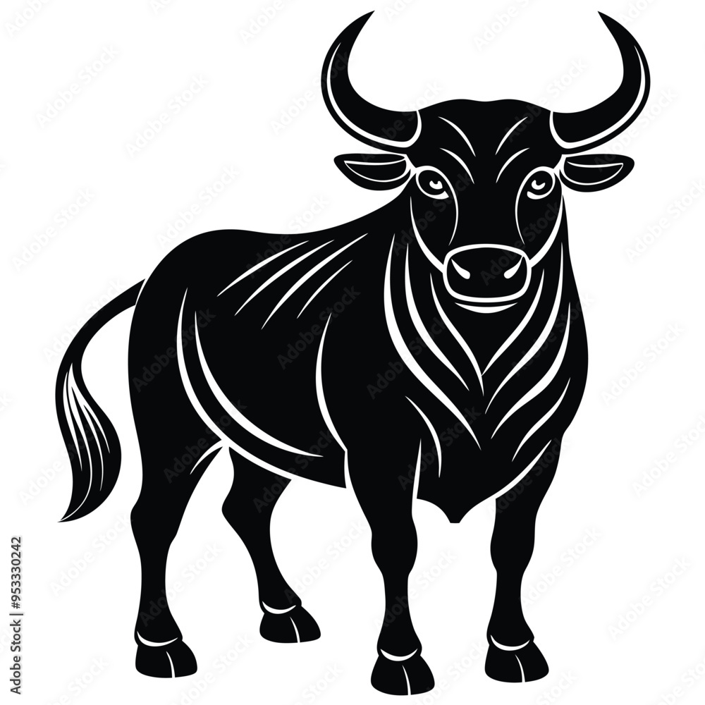 Black silhouette of a powerful bull with strong horns in aggressive minimalist side view Black silhouette of a powerful bull with strong horns in aggressive minimalist side view