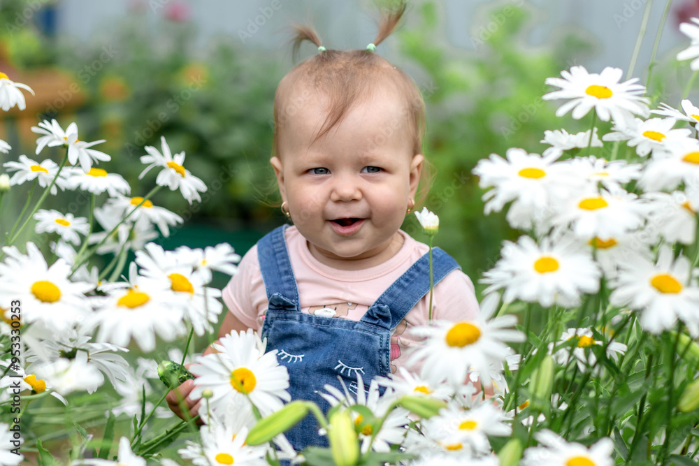 Little girl smelling chamomile flowers. Selective focus. Little girl smelling chamomile flowers. Selective focus.