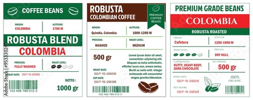 An illustration of coffee labels showcasing Robusta Blend and Premium Grade Beans. The labels detail various coffee attributes such as origin, altitude, roast level, process, and net weight. The desig