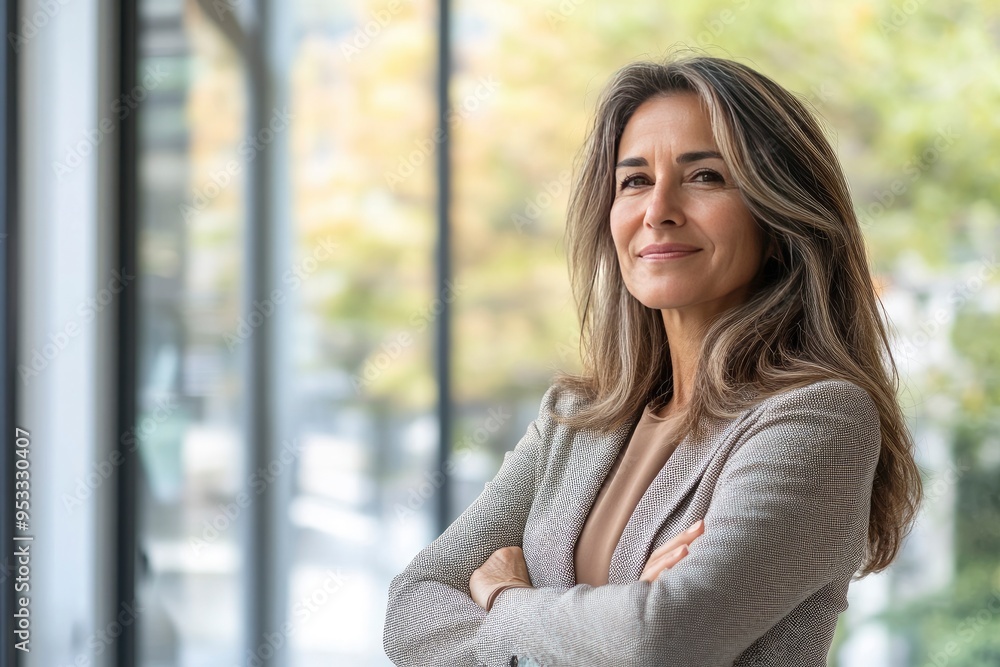 Happy confident mature professional business woman standing at work in office arms crossed looking away, proud hispanic middle aged businesswoman leader executive thinking of future success , ai Happy confident mature professional business woman standing at work in office arms crossed looking away, proud hispanic middle aged businesswoman leader executive thinking of future success , ai