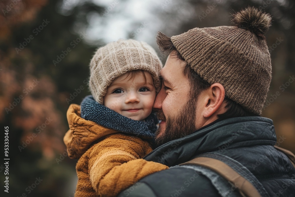 Embracing dad from behind. Father and little son are playing and having fun outdoors, Generative AI