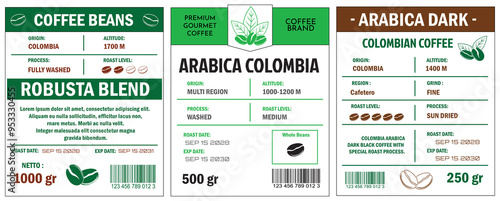 An illustration of coffee labels showcasing Robusta Blend and Premium Grade Beans. The labels detail various coffee attributes such as origin, altitude, roast level, process, and net weight. The desig