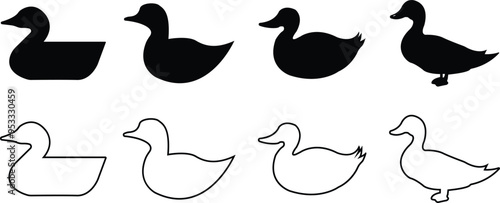 Black silhouette of duck Flat, Outline icons Set. illustration bird farm animal symbols. Concept of minimalism simple designs. Print vectors template design element isolated on transparent background.