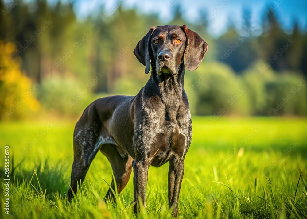 Magnificent black German Shorthaired Pointer dog with floppy ears, alert expression, and sleek coat, standing in a lush green meadow on a sunny day. Magnificent black German Shorthaired Pointer dog with floppy ears, alert expression, and sleek coat, standing in a lush green meadow on a sunny day.