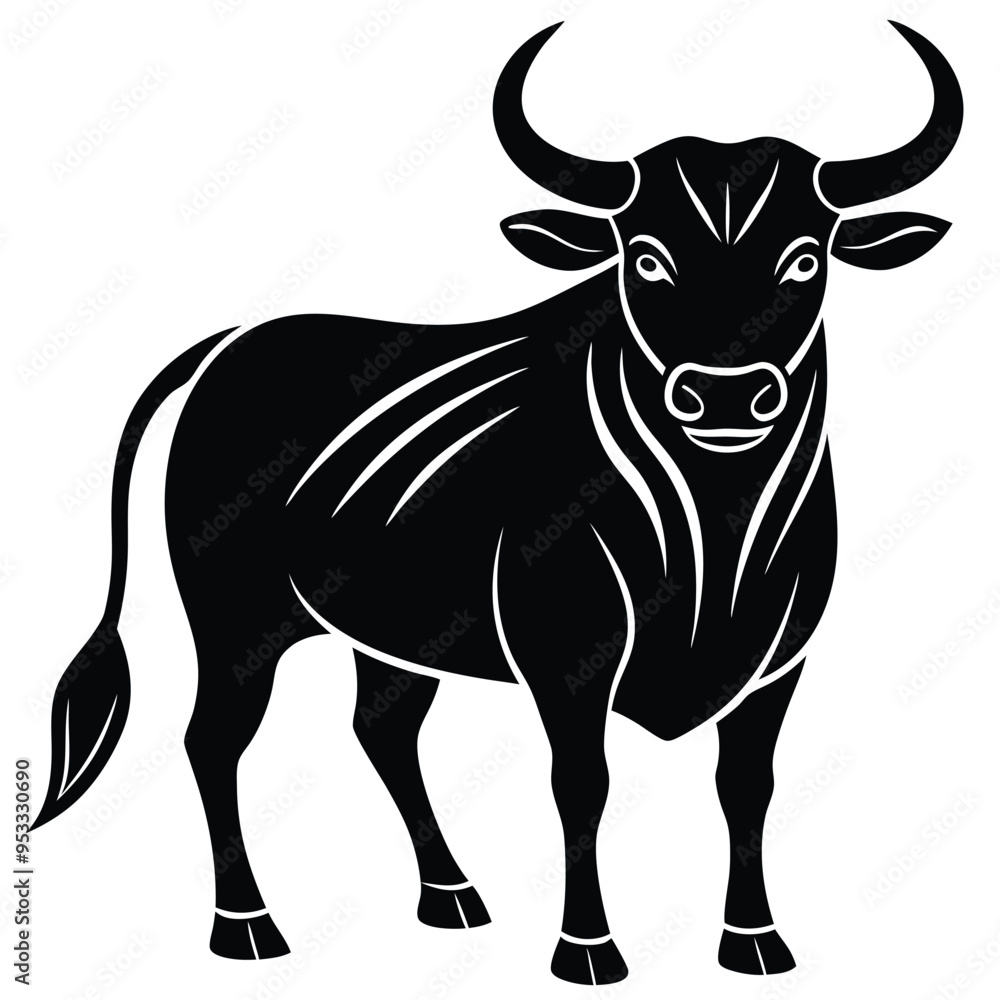 Black silhouette of a powerful bull with strong horns in aggressive minimalist side view Black silhouette of a powerful bull with strong horns in aggressive minimalist side view