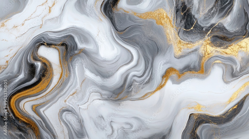 Obraz premium Abstract marble texture background with swirling patterns of white, gray, and gold, evoking a sense of luxury and elegance.