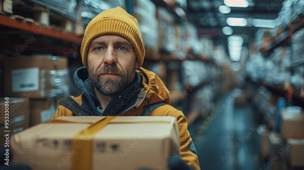 Fototapeta premium A warehouse worker inspecting incoming goods for damage and verifying quantities against shipping documents