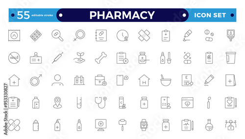 Medical and pharmacy line icons collection. Big UI icon set in a flat design. Thin outline icons pack. Editable stroke outline icon. 