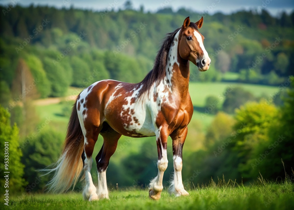 Magnificent speckled horse with distinctive white and brown markings stands majestically in a lush green meadow, its muscular physique and elegant posture exuding power and grace. Magnificent speckled horse with distinctive white and brown markings stands majestically in a lush green meadow, its muscular physique and elegant posture exuding power and grace.