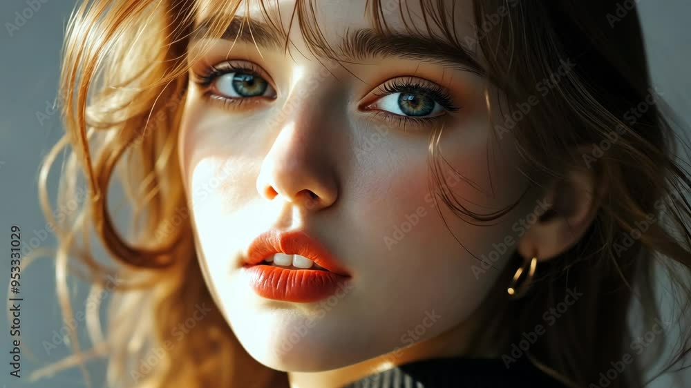 Captivating close-up of a young woman with striking features and expressive eyes, highlighted by soft natural light in an indoor setting Captivating close-up of a young woman with striking features and expressive eyes, highlighted by soft natural light in an indoor setting