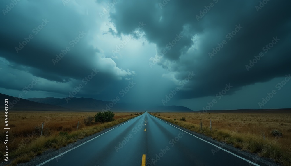 Dramatic Stormy Road: Dark Clouds and Rain Over a Lonely Highway Dramatic Stormy Road: Dark Clouds and Rain Over a Lonely Highway