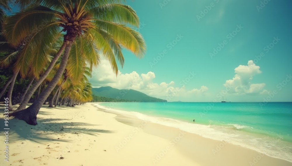 Tropical Beach Bliss: Palm Trees with Clear Blue Sky and Turquoise Waters Tropical Beach Bliss: Palm Trees with Clear Blue Sky and Turquoise Waters
