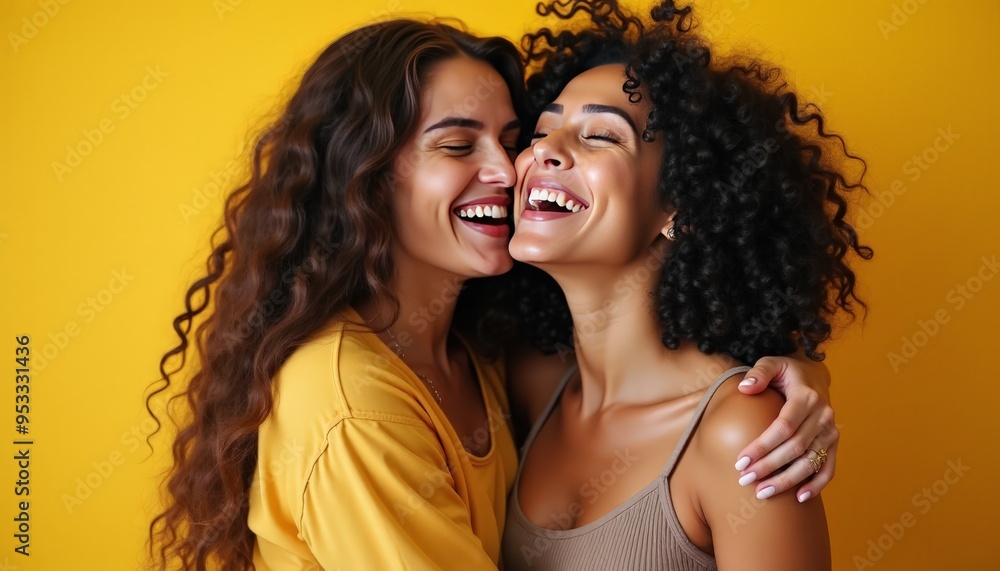 Happy affectionate independent young woman hugging each other in a close embrace while laughing and smiling, two best friends or friend like colleague Happy affectionate independent young woman hugging each other in a close embrace while laughing and smiling, two best friends or friend like colleague