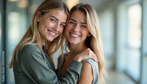 Happy affectionate independent young woman hugging each other in a close embrace while laughing and smiling, two best friends or friend like colleague