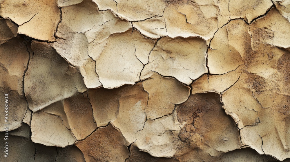 Close-up of a cracked clay wall with earthy tones and textures, creating a rustic, adobe-style backdrop Close-up of a cracked clay wall with earthy tones and textures, creating a rustic, adobe-style backdrop
