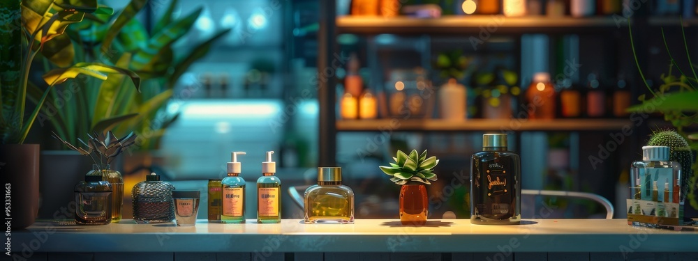 Stylish skincare bottles and decor on a modern illuminated counter Stylish skincare bottles and decor on a modern illuminated counter