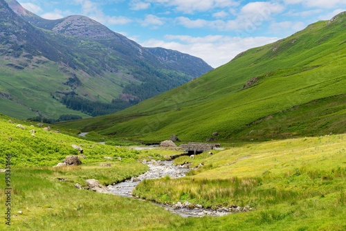 Photography B5289 road with bridge and stream from Honister Pass in the Lake District, Cumbr