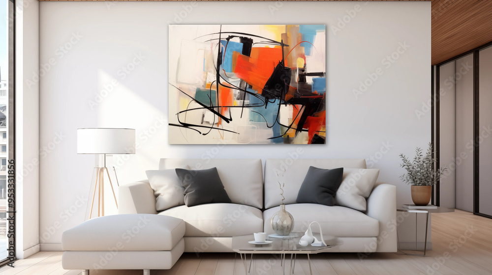 Abstract Painting on White Wall in Modern Living Room Interior Abstract Painting on White Wall in Modern Living Room Interior