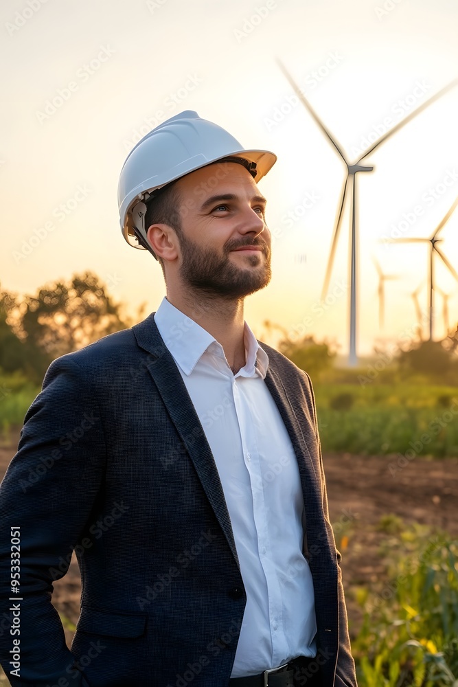 Engineer In Hardhat Looking Up At Wind Turbines Engineer In Hardhat Looking Up At Wind Turbines