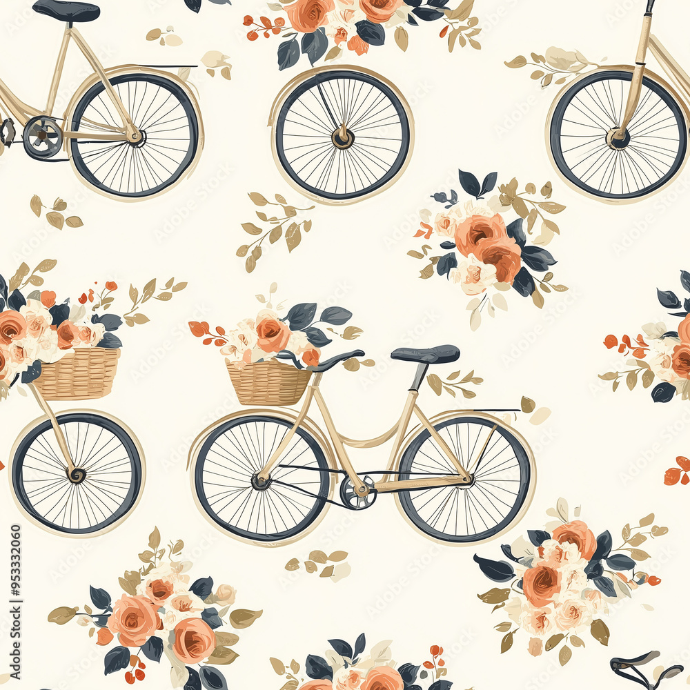 Fototapeta premium Floral Bicycle Pattern with Basket and Roses