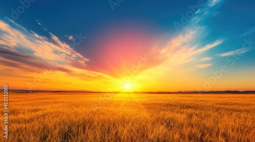 A field of golden wheat at sunset with a vibrant sky and glowing rays.