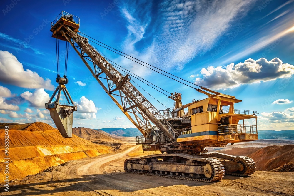 Majestic heavy machinery drag line excavator stands tall amidst vast open-pit mining landscape, its boom and bucket stretching towards the clear blue sky. Majestic heavy machinery drag line excavator stands tall amidst vast open-pit mining landscape, its boom and bucket stretching towards the clear blue sky.