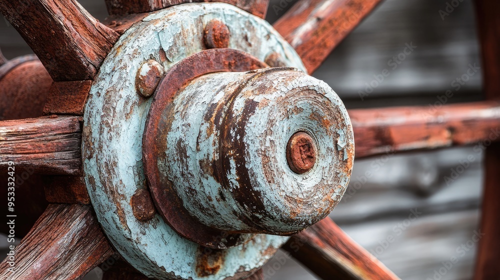 Close-up of an old farm wagon wheel with chipped paint and rusted metal, adding a touch of rustic history. Close-up of an old farm wagon wheel with chipped paint and rusted metal, adding a touch of rustic history.