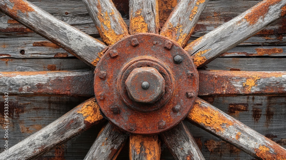 Close-up of an old farm wagon wheel with chipped paint and rusted metal, adding a touch of rustic history. Close-up of an old farm wagon wheel with chipped paint and rusted metal, adding a touch of rustic history.