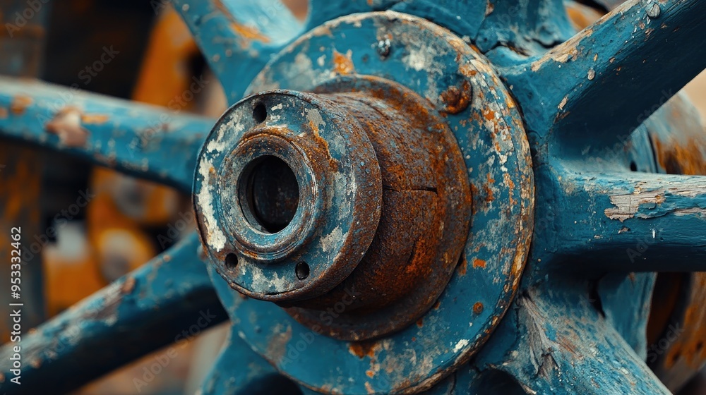 Close-up of an old farm wagon wheel with chipped paint and rusted metal, adding a touch of rustic history. Close-up of an old farm wagon wheel with chipped paint and rusted metal, adding a touch of rustic history.