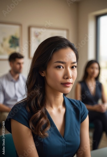 A female doctor sitting in her office, consulting with a patient, looking focused and professional.