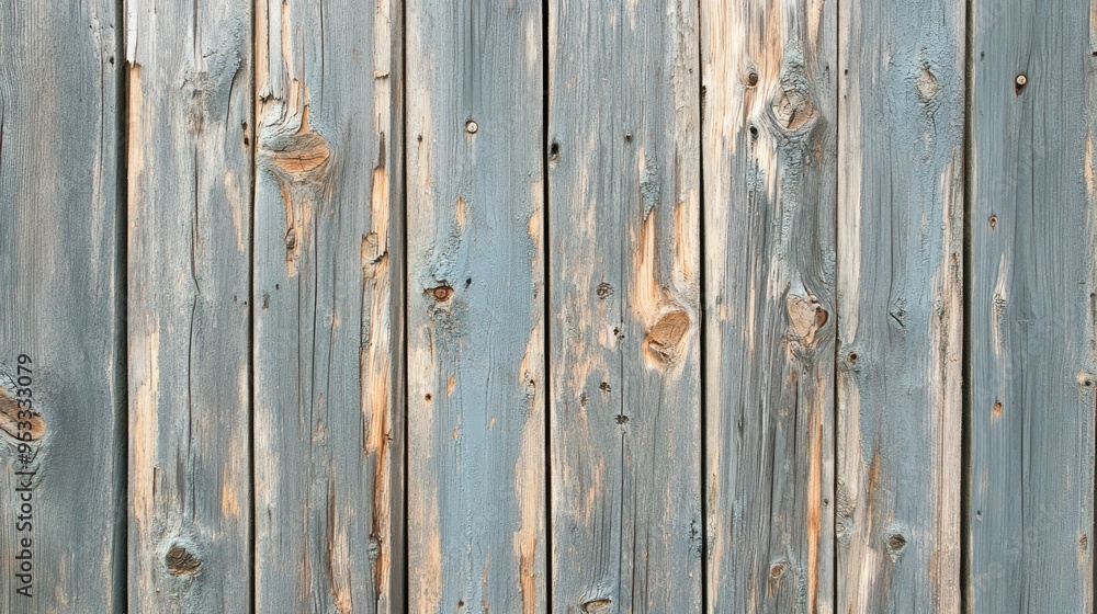 Fototapeta premium Detailed shot of a weathered wooden fence texture with chipped paint and visible grain patterns.