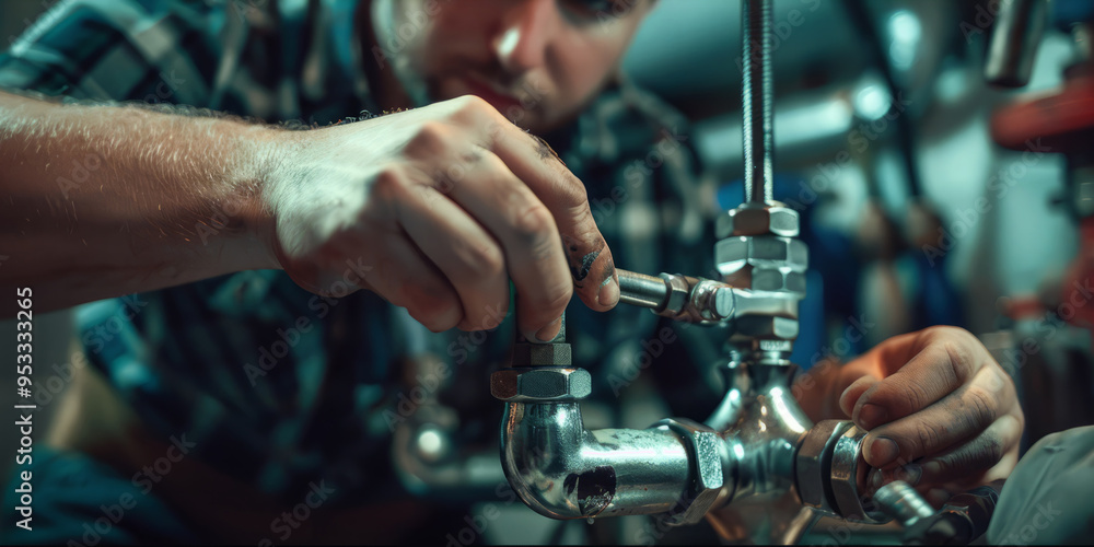 A plumber tightening a pipe fitting with a wrench, concentrating on the fine details of plumbing repairs. A plumber tightening a pipe fitting with a wrench, concentrating on the fine details of plumbing repairs.