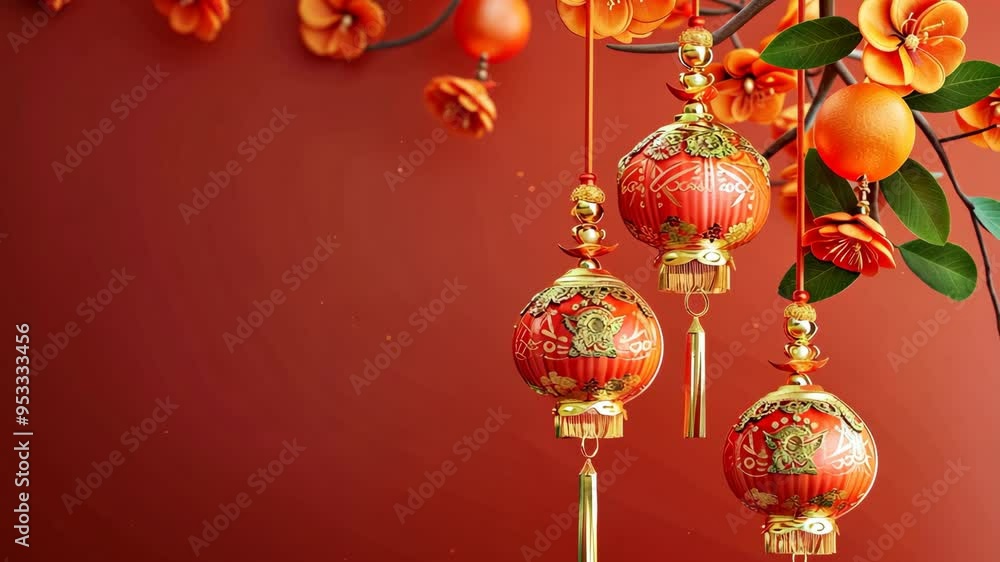 Beautiful red lanterns with floral decorations create a festive atmosphere in a traditional setting Beautiful red lanterns with floral decorations create a festive atmosphere in a traditional setting