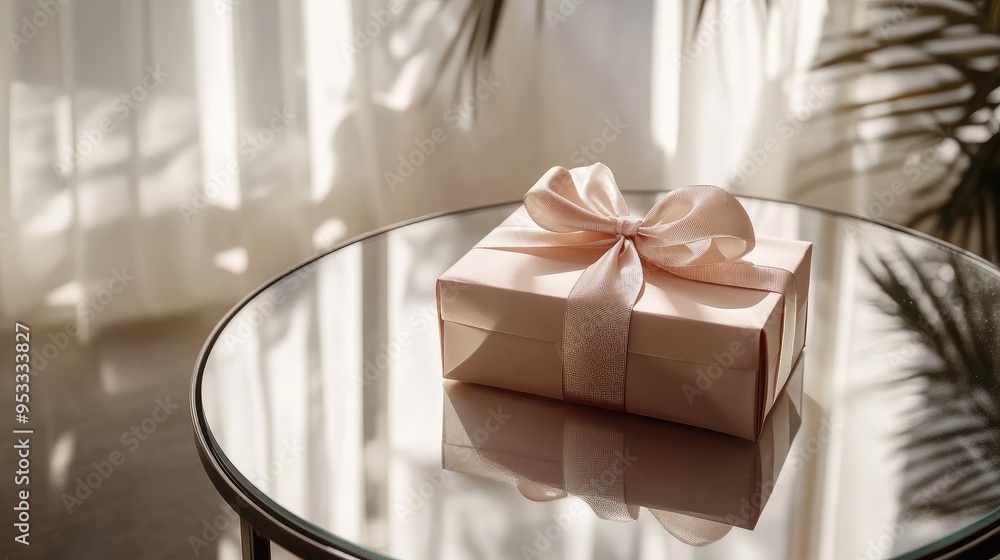 Gift box with an elegant satin bow placed on a round glass table, with soft shadows creating a chic look. Gift box with an elegant satin bow placed on a round glass table, with soft shadows creating a chic look.