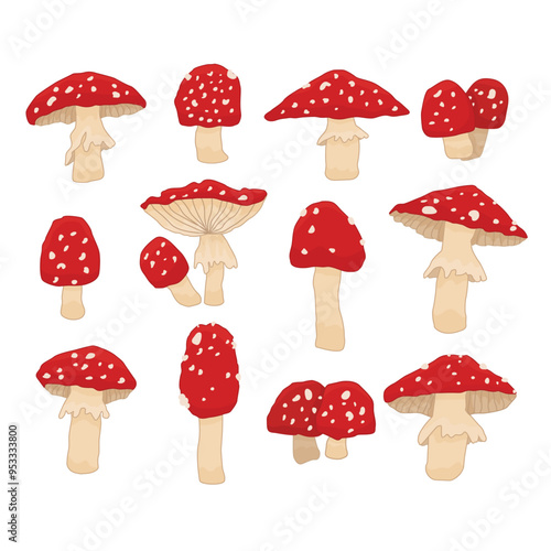 Set of red flat white fly agaric vibrant forest mushroom associated with fairytale imagery, folklore. Cartoon vector isolated illustrations on white background