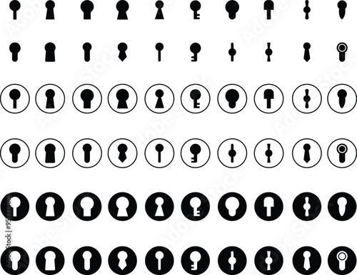 Set of Door key hole icons. Security protection concepts in trendy flat styles. Door open, padlock symbols. Password symbols vectors illustration silhouette isolated on transparent background.