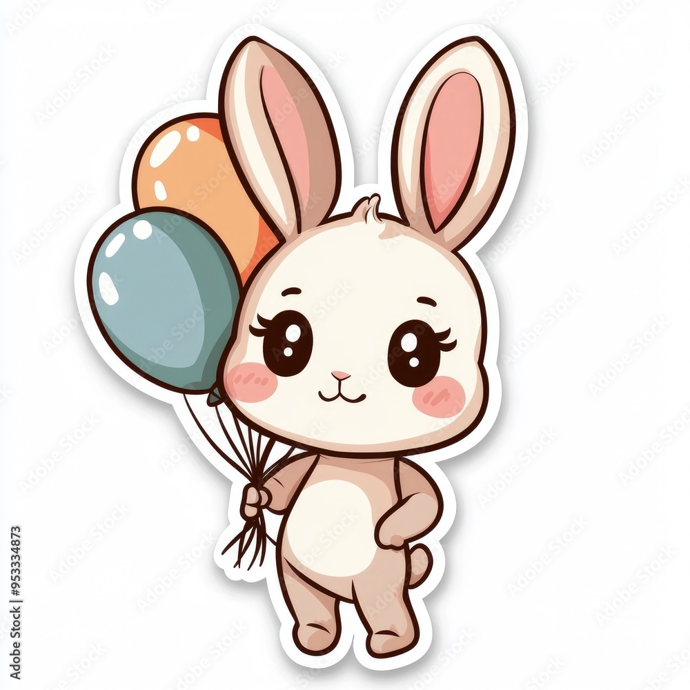 Fototapeta premium Cute Cartoon Bunny Rabbit Holding Balloons