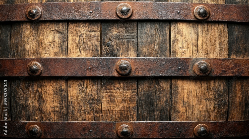 Old wooden barrel texture with metal rings and weathered wood, ideal for rustic and vintage designs. Old wooden barrel texture with metal rings and weathered wood, ideal for rustic and vintage designs.