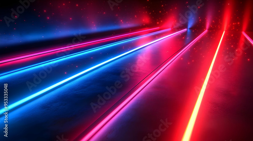 Neon light lines and glowing dust particles on a dark background.